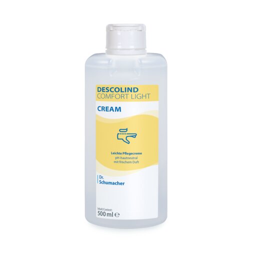 Eine 500 ml Dr. Schumacher GmbH DESCOLIND COMFORT LIGHT CREAM für empfindliche Haut, mit gelb-weißem Etikett und blauem Handcreme-Symbol.