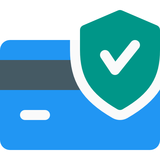 Ein Symbol, das eine blaue Kreditkarte mit einem grauen Streifen und zwei weißen Rechtecken zeigt, über denen ein grünes Schild mit einem weißen Häkchen liegt, was Sicherheit oder Schutz anzeigt.