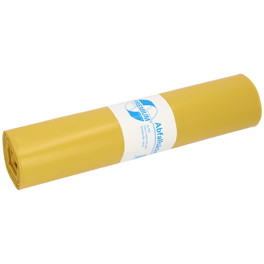 Abgebildet ist eine gelbe Rolle DEISS 13023 Müllsäcke (700x1100 mm, Typ 60, 25 Stück) der EMIL DEISS KG (GmbH + Co.), mit einem weiß-blauen Etikett in der Mitte, auf weißem Grund.