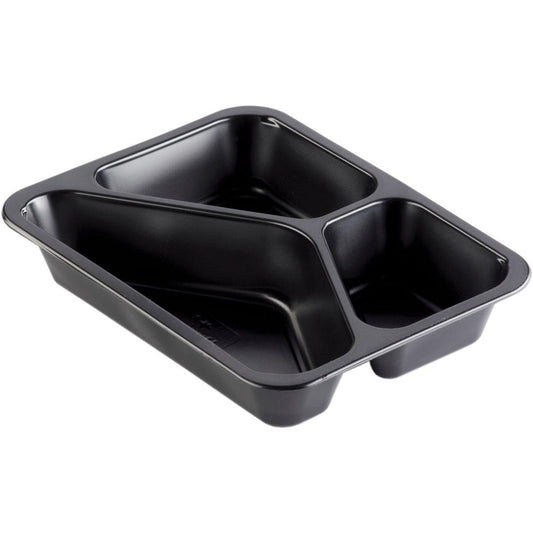 Die Duni GmbH PP-Schale Caterline 3 Schwarz PP 227x178 ist eine schwarze Speisenschale mit drei Fächern (ein großes, zwei kleine), ideal zum Servieren oder Verpacken von Speisen in der Gastronomie oder im Catering.