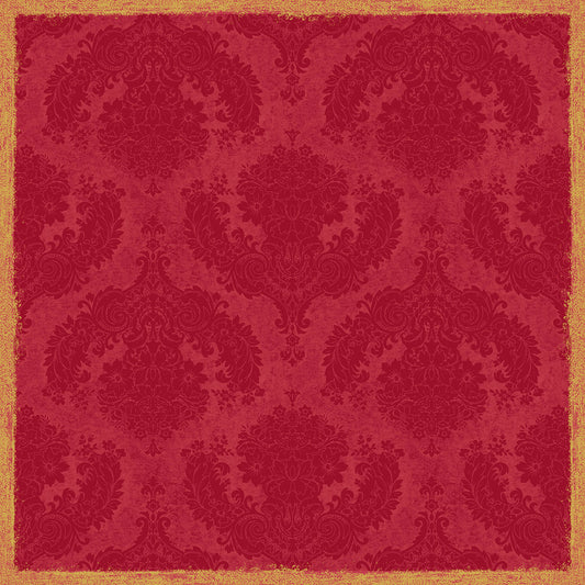 Die Dunicel Mitteldecke 84x84 cm Royal Bordeaux von Duni GmbH zeigt ein florales Muster im Vintage-Bordeaux-Damast mit einer Goldbordüre im Used-Look - perfekt für eine elegante Tischdekoration. Packung mit 20 Stück.