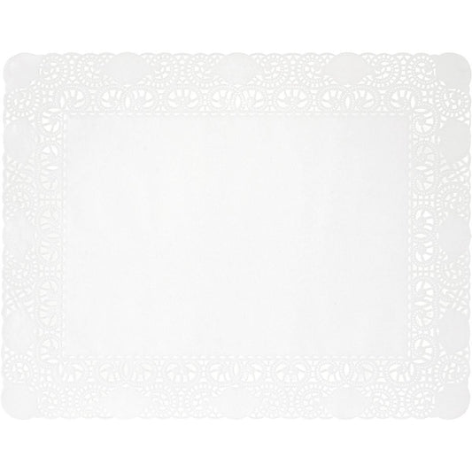 A Duni GmbH Deko-Spitzenpapier 20x30 cm in weiß, aus hochwertigem Bastelpapier, Packung mit 250 Stück, ist rechteckig mit festem Mittelteil und filigranem Spitzenrand und auf schlichtem Hintergrund von oben abgebildet.