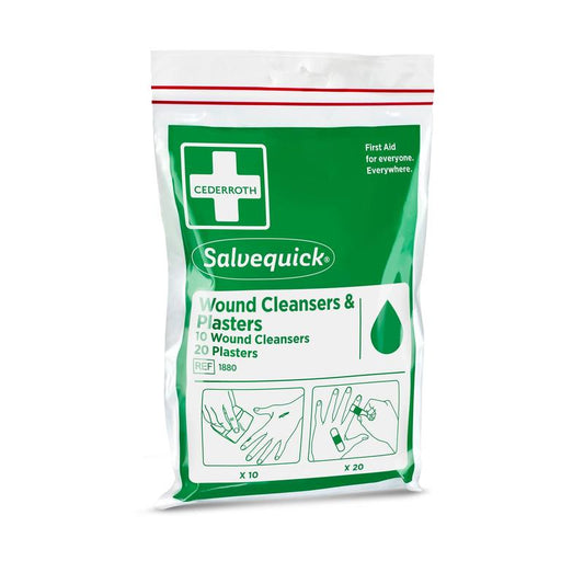 Die Packung von Orkla Wound Care AB enthält 10 Salvequick Wundreiniger und 20 Pflaster im wiederverschließbaren Plastikbeutel - ideal für unterwegs. Anleitungen zur Anwendung an Händen und Fingern sind abgebildet.