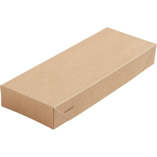 Ein flacher, geschlossener, rechteckiger Karton in schlichtem Braun mit kleinem "ecochic"-Logo - Viking Slim Brick Deckel Karton Braun Karton/PLA 225x85x30 von Duni GmbH-umweltfreundliche Verpackung, Packung mit 300 Stück, perfekt für nachhaltige Lagerung.