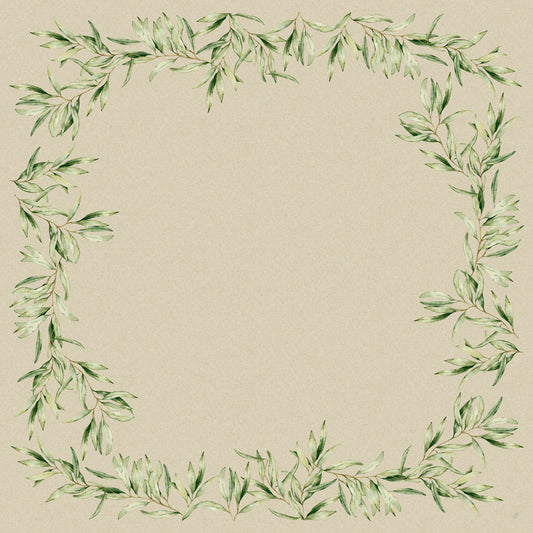 Die Dunicel-Mitteldecken 84 x 84 cm Foliage von Duni GmbH bieten einen quadratischen Rahmen aus aquarellgrünen Blätterzweigen und einem hellbeigen Zentrum, ideal für eine elegante Tischdekoration. Jede Packung enthält 20 Stück.