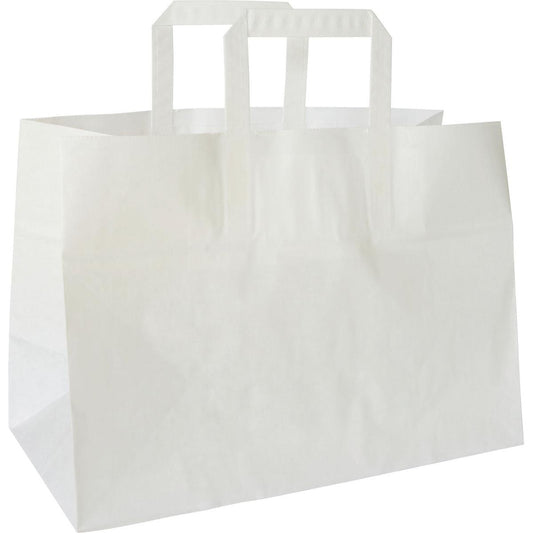 Eine schlichte weiße Take-Away Tasche (Alternativartikel 194085) aus FSC-zertifiziertem Papier von Duni GmbH, 350x170x270 mm mit zwei rechteckigen Henkeln, steht aufrecht auf weißem Hintergrund. Die Packung enthält 200 Stück.