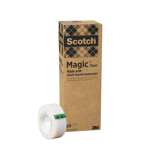 Eine Rolle Scotch® Magic™ Klebeband von 3M Deutschland GmbH (19 mm x 33 m, 9 Rollen/Packung), hergestellt mit 66 % pflanzlichem Klebstoff, ist ein zuverlässiges Bürobedarf-Essential.