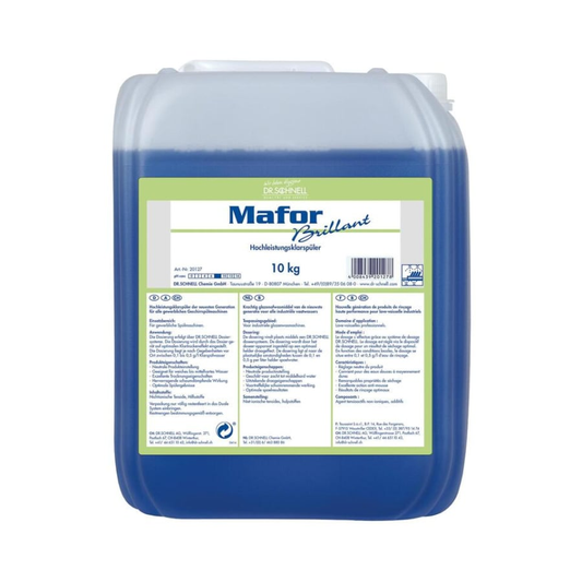 Ein 10 kg durchsichtiger Kunststoffbehälter mit blauer Flüssigkeit, beschriftet mit "Dr. Schnell MAFOR BRILLANT Klarspüler für Geschirrspülmaschinen" von DR.SCHNELL GmbH & Co. KGaA, ist mit einem weißen Schraubverschluss und einem detaillierten mehrsprachigen Frontetikett versehen.