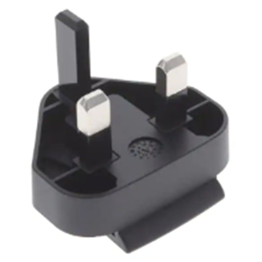 Ein Kimberly-Clark Professional™ Icon™ Power Adapter - AC/DC in Schwarz von Kimberly-Clark GmbH ist auf weißem Hintergrund abgebildet und verfügt über zwei horizontale und einen vertikalen UK-Stift.