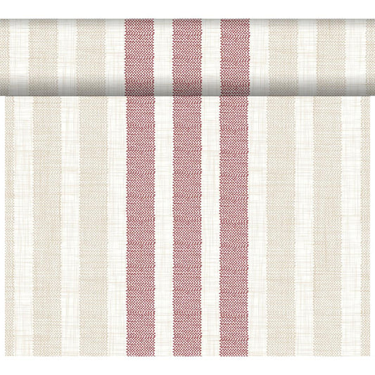 DC-Tete a Tete 0,4x24m Rigato bordeaux von Duni GmbH zeigt elegante beige und rote Streifen in verschiedenen Breiten auf einem cremefarbenen Untergrund - perfekt für stilvolle Tischdekorationen oder Nähprojekte. Die Packung enthält 1 Rolle.