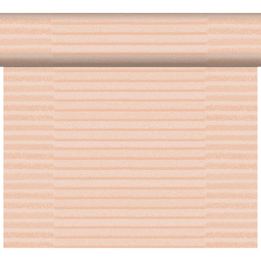 Das DC-Tete a Tete 0,4x24m Tessuto dusty pin der Duni GmbH zeigt einen hellen pfirsichfarbenen Hintergrund mit horizontalen, strukturierten Streifen in verschiedenen Pfirsich- und Beigetönen, inspiriert von hochwertigem Stoff. Die Muster sind gleichmäßig über die elegante Tischdekorrolle verteilt.
