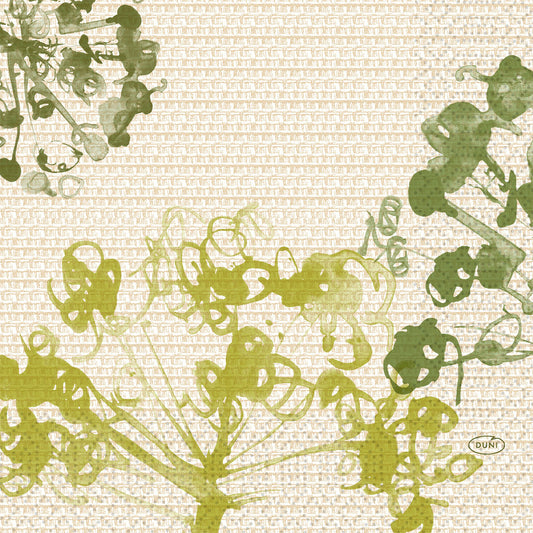 Abstrakte grüne und olivgrüne pflanzenähnliche Formen überlagern sich auf einem strukturierten beigen Hintergrund mit einem kleinen "Duni"-Label, das an den botanischen, grafischen Look der Duni GmbH Zellt.-Servietten 33x33 cm, 3-lagig, grün, Packung mit 50 Servietten.