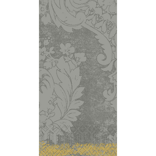 Die Zellt.-Serv.40x40 3lg 1/8 Royal gran.grey Papierservietten (250er Pack) der Duni GmbH sind mit einem kunstvollen grauen Blumen- und Blattmuster und einem gelben Punktrand versehen und verleihen jedem gedeckten Tisch Eleganz.