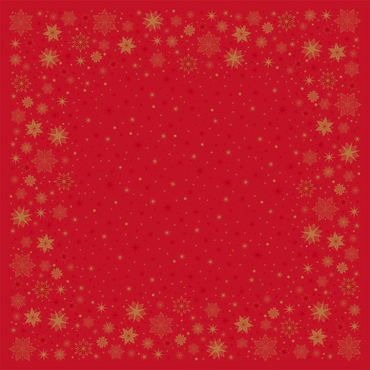 Die Bio-Dunicel Mitteldecke 84x84 cm in Rot von Duni GmbH hat eine goldene Schneeflocken- und Sternenbordüre mit verstreuten goldenen Sternen, die für einen festlichen Look sorgen - perfekt für Sterngucker-Events. Packung mit 20 Stück.