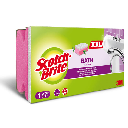 Eine rechteckige Verpackung der 3M Deutschland GmbH Scotch-Brite® Bath Griffschwamm XXL für das Bad (1 Stück) zeigt einen rosafarbenen Reinigungsschwamm und eine grüne und lila Verpackung mit Produktbildern und mehrsprachigem Text.