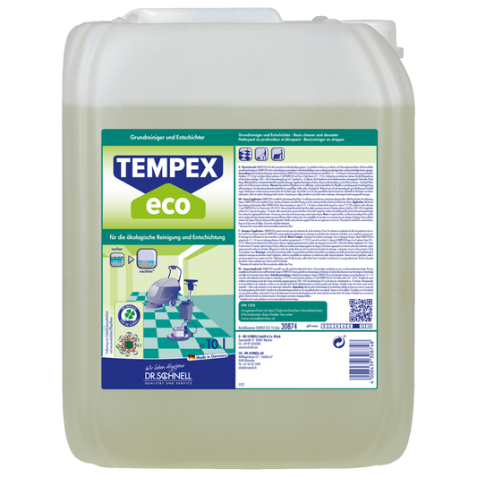 Ein 10-Liter-Kanister des Dr. Schnell TEMPEX ECO ökologischer Grundreiniger für Gebäudereinigung Böden der DR.SCHNELL GmbH & Co. KGaA, mit einem grün-blauen Etikett, das Reinigungswerkzeuge auf einem gefliesten Boden darstellt.