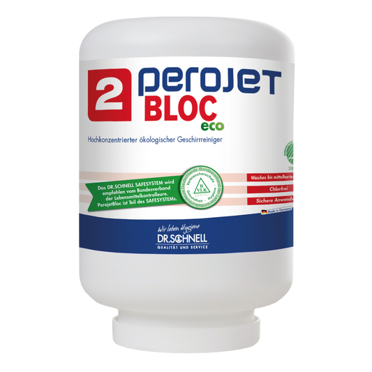 Eine weiße 4 kg Kartusche mit der Aufschrift "Dr. Schnell PEROJET BLOC 2 ECO" der DR.SCHNELL GmbH & Co. KGaA ist ein umweltfreundlicher gewerblicher Geschirrspülmaschinenreiniger; das Etikett ist mit dem deutschen Text "SAFESYSTEM" und grün-roten Designelementen versehen.
