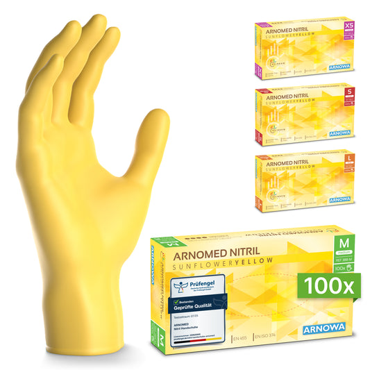 Ein gelber ARNOMED NITRIL SUNFLOWER YELLOW Einmalhandschuh der ARNOWA GmbH steht links aufrecht, rechts stehen latexfreie Boxen in XS, S, M und L. Jede Schachtel enthält 100 gelbe Nitril-Handschuhe.