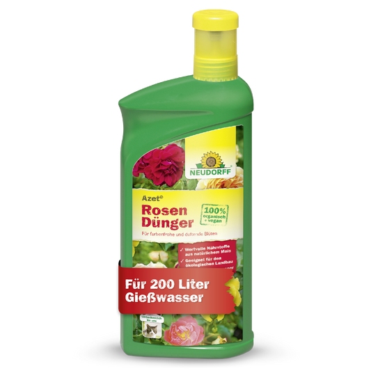 Eine grüne Plastikflasche Azet RosenDünger flüssig von Neudorff Shop, ein flüssiger Rosendünger. Auf dem Etikett sind Rosen und Produktdetails abgebildet und es wird angegeben, dass es 200 Liter Gießlösung für eine optimale Rosenpflege ergibt.