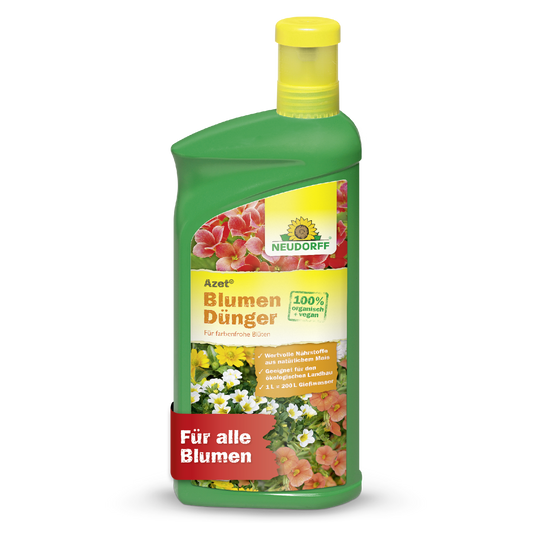 Eine grüne Plastikflasche Neudorff Shop Azet BlumenDünger flüssig mit gelber Kappe, Blumenetikett, deutschem Text und einer "100% Bio"-Plakette. Dieser Flüssigdünger unterstützt das gesunde Wachstum aller Blumen.