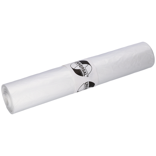 Eine Rolle EMIL DEISS KG (GmbH + Co.) DEISS 49009 Müllsäcke, 690x790x0,02 mm transparent (50 Stück), mit einem "UNIVERSAL"-Etikett, ist sauber verpackt und auf einem schlichten hellen Untergrund platziert.