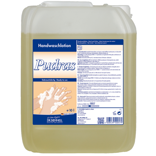 DR.SCHNELL PUDRAS Handwaschlotion für Spendersysteme in einem 10-Liter-Kanister aus durchsichtigem Kunststoff mit blau-weißem Etikett; die hellgelbe, angenehm duftende Lotion reinigt die Haut sanft. Marke: DR.SCHNELL GmbH & Co. KGaA.