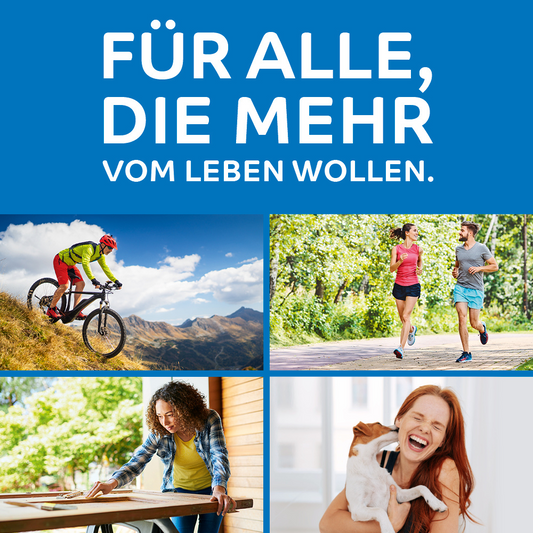 Unter dem deutschen Text „Für alle, die mehr vom Leben wollen.“ befinden sich vier Bilder – Radfahren, Joggen, Schreiben und Lachen mit einem Hund – die perfekt die Momente widerspiegeln, die durch das octenisept® Wunddesinfektionsspray 50 ml der Schülke & Mayr GmbH geschützt sind.