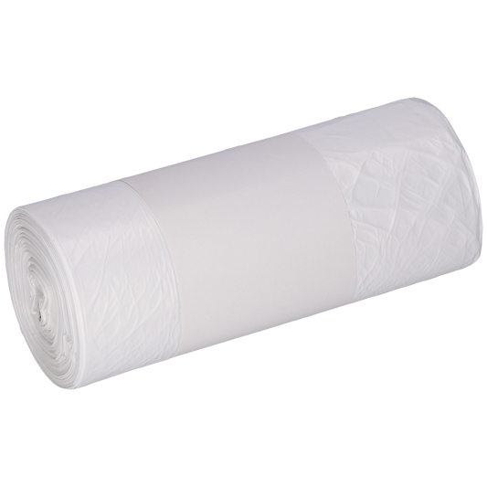 Eine Rolle EMIL DEISS KG (GmbH + Co.) DEISS 56939 Müllsäcke (630x850 mm, weiß, 40 Stück) mit einem um die Mitte gewickelten, schlichten weißen Etikett auf hellem Hintergrund.