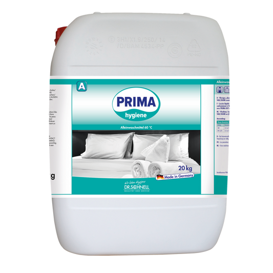Ein weißer 20 kg Kunststoffbehälter mit der Aufschrift "Dr. Schnell PRIMA HYGIENE" der DR.SCHNELL GmbH & Co. KGaA, abgebildet mit gefalteten Handtüchern und Kopfkissen. Auf dem Etikett steht professionelle Reinigung und made in Germany.