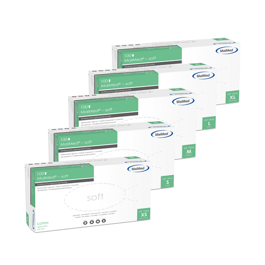 Εξεταστικά γάντια MaiMed-μαλακό λατέξ, μη αποστειρωμένα, σε σκόνη, 100 τεμάχια/κιβώτιο