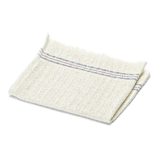 Das Nölle Profi Brush Waffeltuch aus Baumwolle (35 x 35 cm, saugfähig, 1 Stück) von Nölle Profi Brush Bürsten- & Pinseltechnik e.K. zeichnet sich durch ein gefaltetes, cremefarbenes Baumwollmuster mit blau-rot gestreiftem Rand auf weißem Grund aus.
