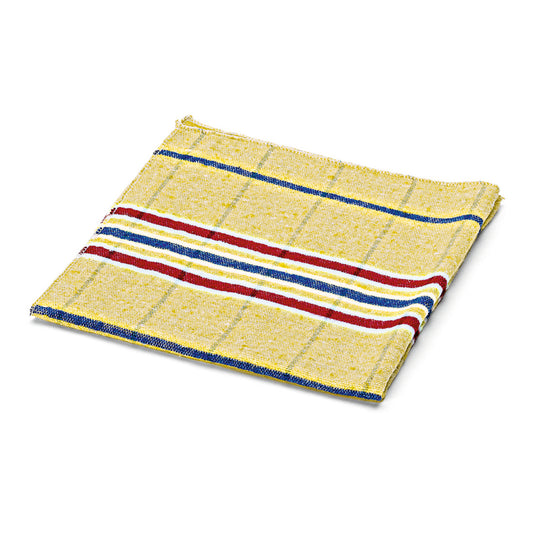 Ein gefaltetes gelbes Nölle Profi Brush Staubtuch Baumwolle von Nölle Profi Brush Bürsten- & Pinseltechnik e.K. mit Karomuster und roten, weißen und blauen Querstreifen an einer Kante, ideal für die sanfte Reinigung, auf weißem Grund.