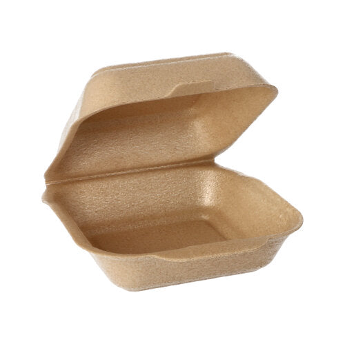 Eine einzelne offene Starpak 125 Hamburger-Box groß mit Klappdeckel (XPP, 7x15x15 cm, beige), aus umweltfreundlicher Folie für den sicheren Transport von Hamburgern, ist vor weißem Hintergrund abgebildet.