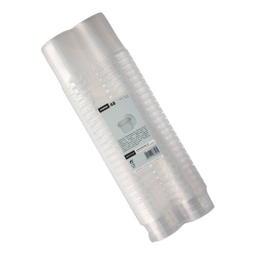 Eine Packung mit 48 durchsichtigen, runden Starpak-Feinkostbechern (120 ml, 6,9 cm × 5,1 cm) mit Originalitätsverschluss, gestapelt und in Schrumpffolie eingewickelt, mit einem zentralen Etikett mit Starpak-Branding und Produktdetails.