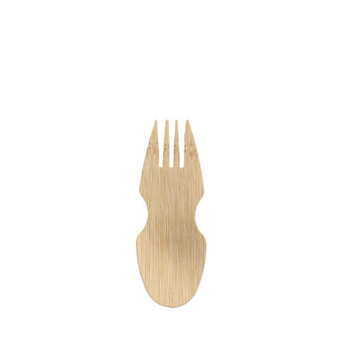 Ein PAPSTAR 50 Fingerfood-Göffel, Bambus „pure“ (8,5 cm) der PAPSTAR GmbH: ein helles Mini-Utensil mit drei Gabelzinken und breitem Griff, ideal als nachhaltige Einweggabel für die Gastronomie, abgebildet auf schlichtem weißem Hintergrund.