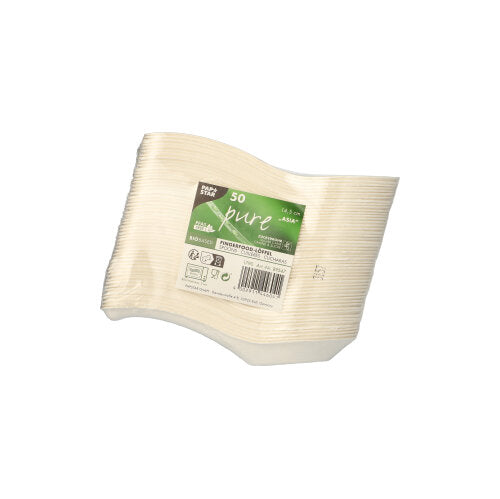 Ein 50er-Pack PAPSTAR Fingerfood-Löffel aus Zuckerrohr „pure“ (14,5 cm, Asien) in Schrumpffolie mit grün-weißem Etikett. Biologisch abbaubar – ideal für nachhaltige Partys.