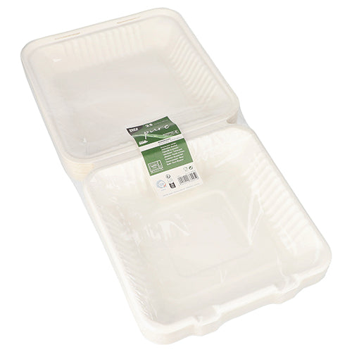 Ein Stapel PAPSTAR 25 Menüboxen aus weißem, nachhaltigem Zuckerrohr, hygienisch in Folie verpackt und mit grünem Etikett – ideal für Take-Away Catering; ein Qualitätsprodukt von PAPSTAR GmbH.