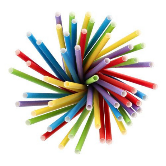Eine Draufsicht auf die umweltfreundlichen Shake-Halme Papier der PAPSTAR GmbH, angeordnet in einem radialen Muster. Mit Farben wie Rot, Blau, Gelb, Grün und Lila mit weißer Innenseite bilden diese Strohhalme ein lebendiges, kreisförmiges Display, das sicherlich zu nachhaltigen Entscheidungen inspirieren wird.