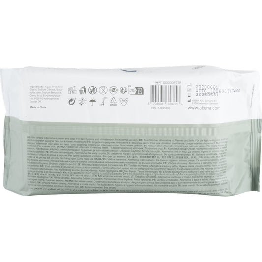 Die Rückseite einer Abena Re-Seller GmbH Feuchtpflegetücher (80 Paare, 18x20 cm, weiß) Packung zeigt Produktinfos, Barcode, Inhaltsstoffe, Symbole und Herstellerangaben in mehreren Sprachen - ideal für die Reinigung unterwegs.