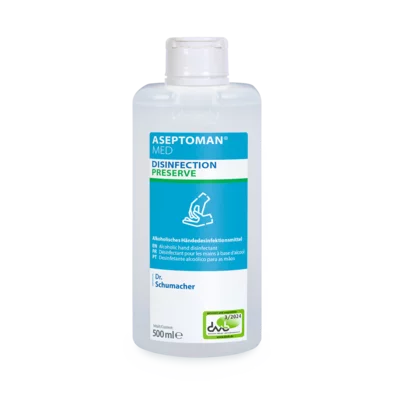 Klare 500-ml-Kunststoffflasche mit weißem Flip-Top-Verschluss und der Aufschrift "Dr. Schumacher Aseptoman® med Händedesinfektion" der Dr. Schumacher GmbH; das blau-weiße Etikett hebt die hautfreundliche alkoholische Händedesinfektionsformel hervor.