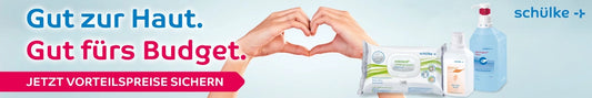 Bannerbild mit deutschem Text "Gut zur Haut. Gut fürs Budget.", zwei Hände, die ein Herz bilden, und drei Schülke-Hygieneprodukte. Auf einem rosa Button steht "JETZT VORTEILSPREISE SICHERN.".