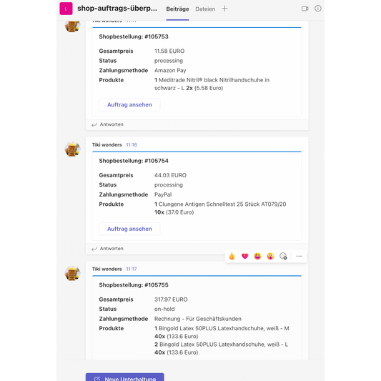 Screenshot einer Social-Media-Plattform, die einen Thread über Shop-Bestellungen mit TeamsAlert/SlackAlert von Altruan anzeigt. Mehrere Benutzer veröffentlichen Details zu Bestellungen, darunter Produktbeschreibungen, Mengen und Preise.