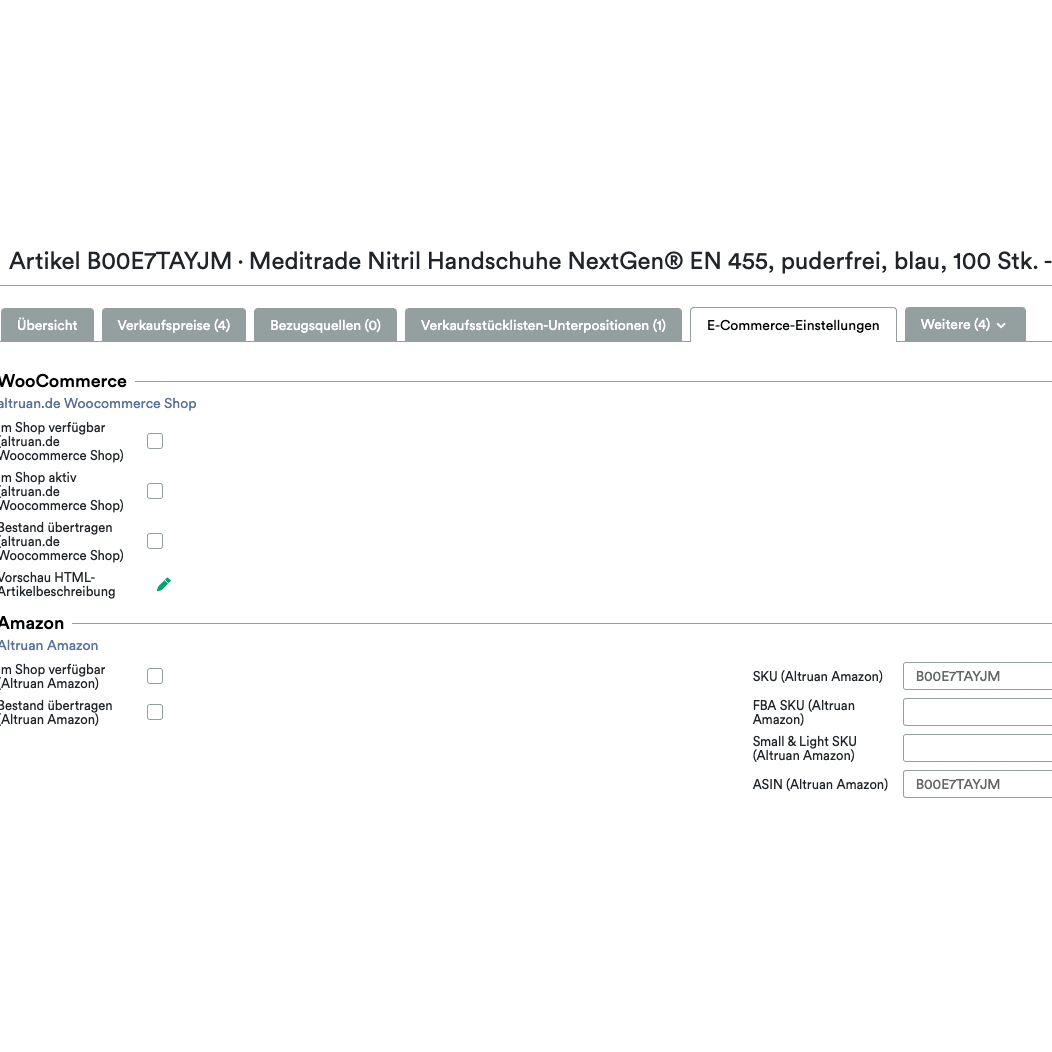 Στιγμιότυπο οθόνης μιας διεπαφής Altruan UnitTable Sync: Weclapp Verpackungseinheiten und Stücklistengenerator που δείχνει τις λεπτομέρειες καταχώρησης των γαντιών νιτριλίου Meditrade NextGen EN 455. Το μέγεθος και η ποσότητα αναφέρονται. Επίσης, είναι ορατές οι αγορές-Σ.