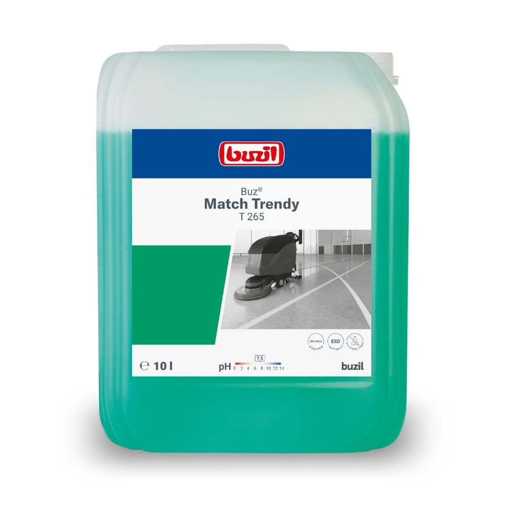 Ένα δοχείο των 10 λίτρων με το προϊόν «Buzil Buz® Match Trendy T 265 Ουδέτερο καθαριστικό για μηχανήματα» της εταιρείας BUZIL-WERK Wagner GmbH & Co. KG φέρει πράσινη ετικέτα με περιβαλλοντικά σύμβολα, δείκτη τιμής pH και οδηγίες καθαρισμού. Η απεικόνιση μιας μηχανής καθαρισμού δαπέδων υπογραμμίζει την υψηλή συμβατότητα με τα υλικά για χρήση ως ουδέτερο καθαριστικό μηχανών.