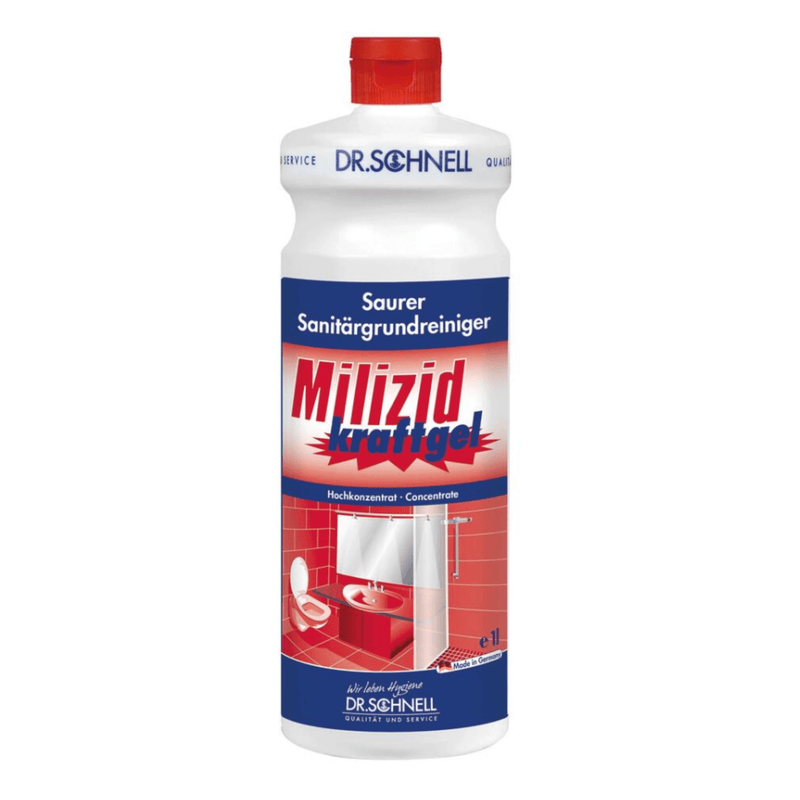 Eine weiße 1-Liter-Flasche Dr. Schnell MILIZID Kraftgel Sanitärreiniger (DR.SCHNELL GmbH & Co. KGaA) mit roter Kappe; das Etikett zeigt Badarmaturen und weist darauf hin, dass es sich um einen stark sauren Reiniger für die gründliche Sanitärreinigung handelt.