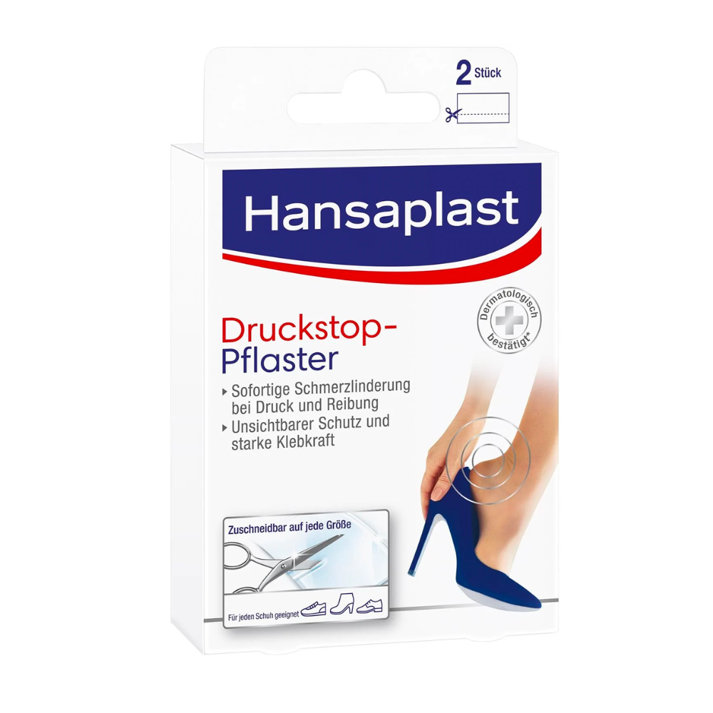 Συσκευασία του Hansaplast Druckstop-Pflasters της Beiersdorf AG με την εικόνα ενός γυναικείου ποδιού σε ψηλοτάκουνα, που υπόσχεται ανακούφιση από τους πόνους πίεσης. Το κείμενο είναι στα Γερμανικά και τονίζει την προστασία.