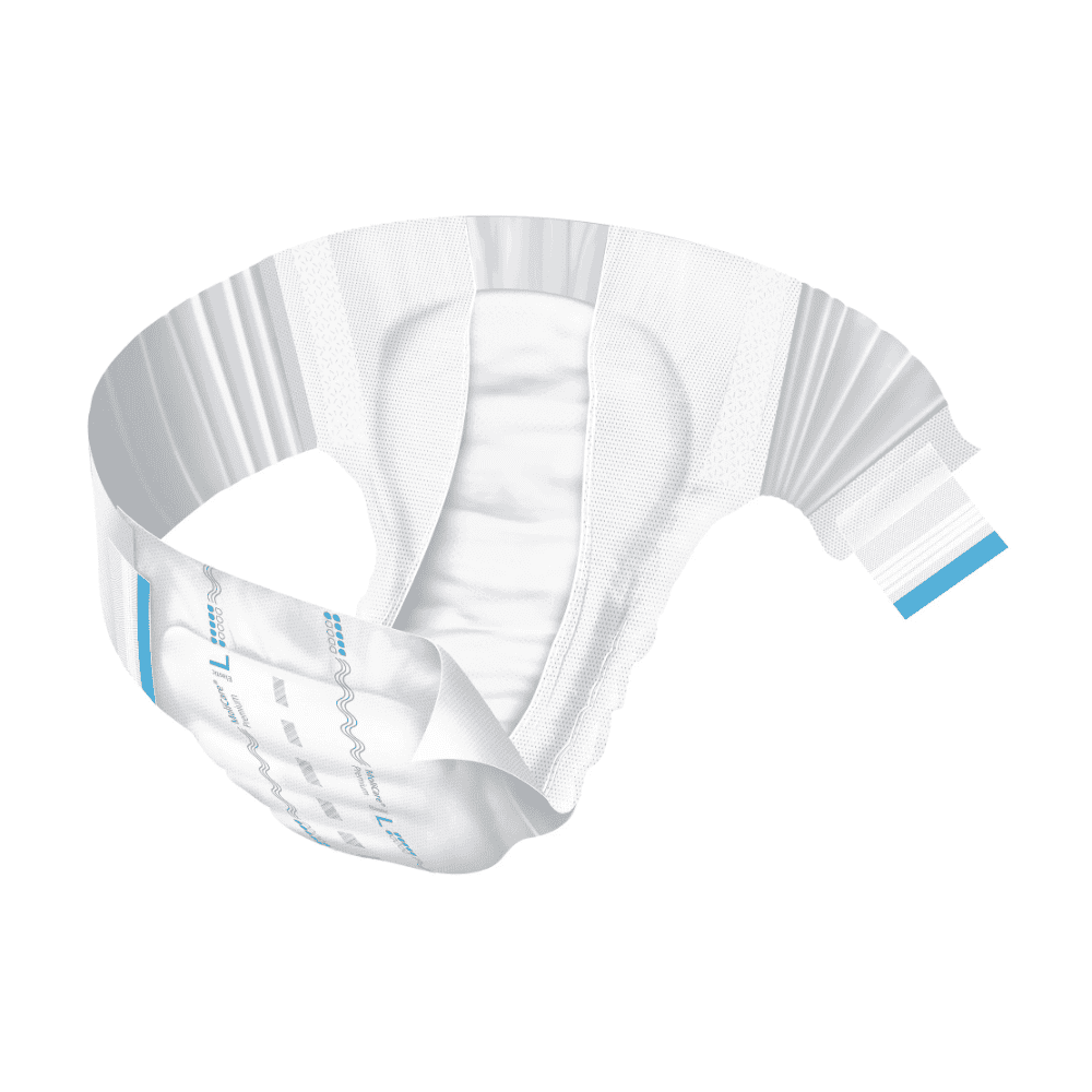 Μια πάνα για ενήλικες από τη σειρά Hartmann MoliCare® Premium Elastic της Paul Hartmann AG, με λευκό και μπλε σχέδιο, απεικονίζεται σε καμπύλη διάταξη πάνω σε λευκό φόντο, γεγονός που αναδεικνύει τις απορροφητικές και ευέλικτες ιδιότητές της.