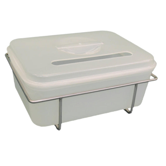 Der Novocal Instrumentenabwurfbehälter mit Edelstahlhalterung verfügt über einen halbtransparenten, rechteckigen Behälter mit Deckel und Griffschlitz, ideal für die sichere Entsorgung von medizinischen Instrumenten. Marke: Novocal.