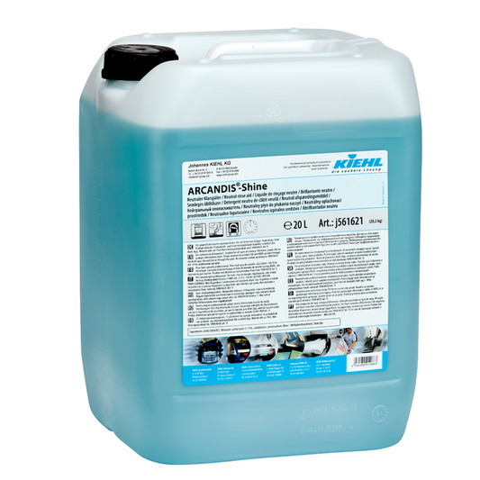 Ein 20-Liter-Behälter aus durchsichtigem Kunststoff, gefüllt mit blauer Flüssigkeit mit der Aufschrift "Kiehl ARCANDIS-Shine Neutraler Klarspüler" der Johannes Kiehl KG, mit streifenfreiem Glanz für Geschirrspülmaschinen, Produktinformation, Gebrauchsanweisung und Pflegebildern.