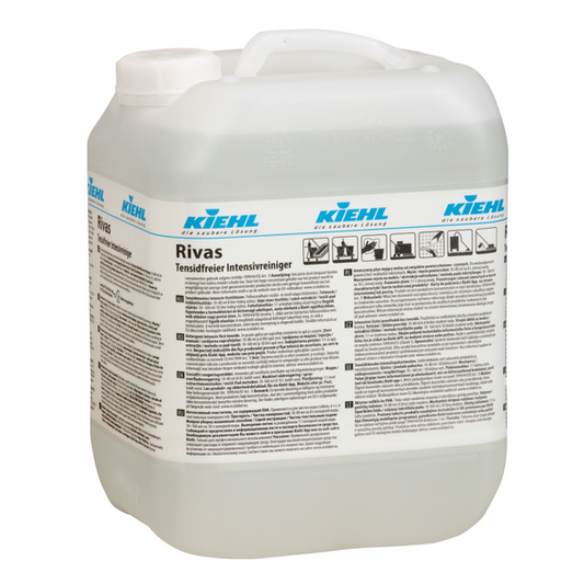 Ein großer, transparenter Kunststoffbehälter mit weißem Deckel und Henkel der Johannes Kiehl KG trägt die Aufschrift Kiehl Rivas Tensidfreier Intensivreiniger" und ist mit mehrsprachigen Hinweisen, Symbolen und Texten zur Reinigung verschiedener Oberflächen versehen.
